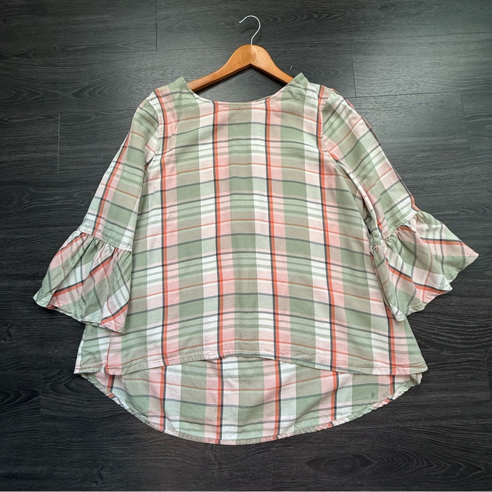 John Mark Size L Plaid Hi Lo Hem Bell Sleeve Boho Cottagecore Top